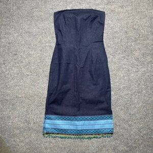 3b Womens A Line Dress Blue Ikat Stretch Mini Strapless Beaded Denim Y2K USA 9
